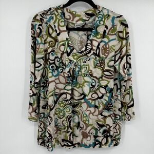 Chicos Travelers Size 1 Abstract Artsy Boho Floral V-Neck Blouse Top Slinky